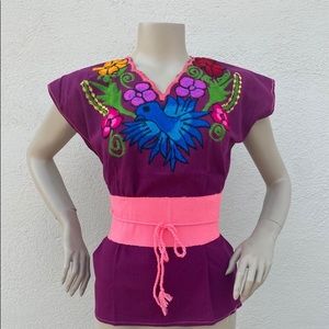 MEXICAN EMBROIDERED BLOUSE with BELT SIZE SMALL